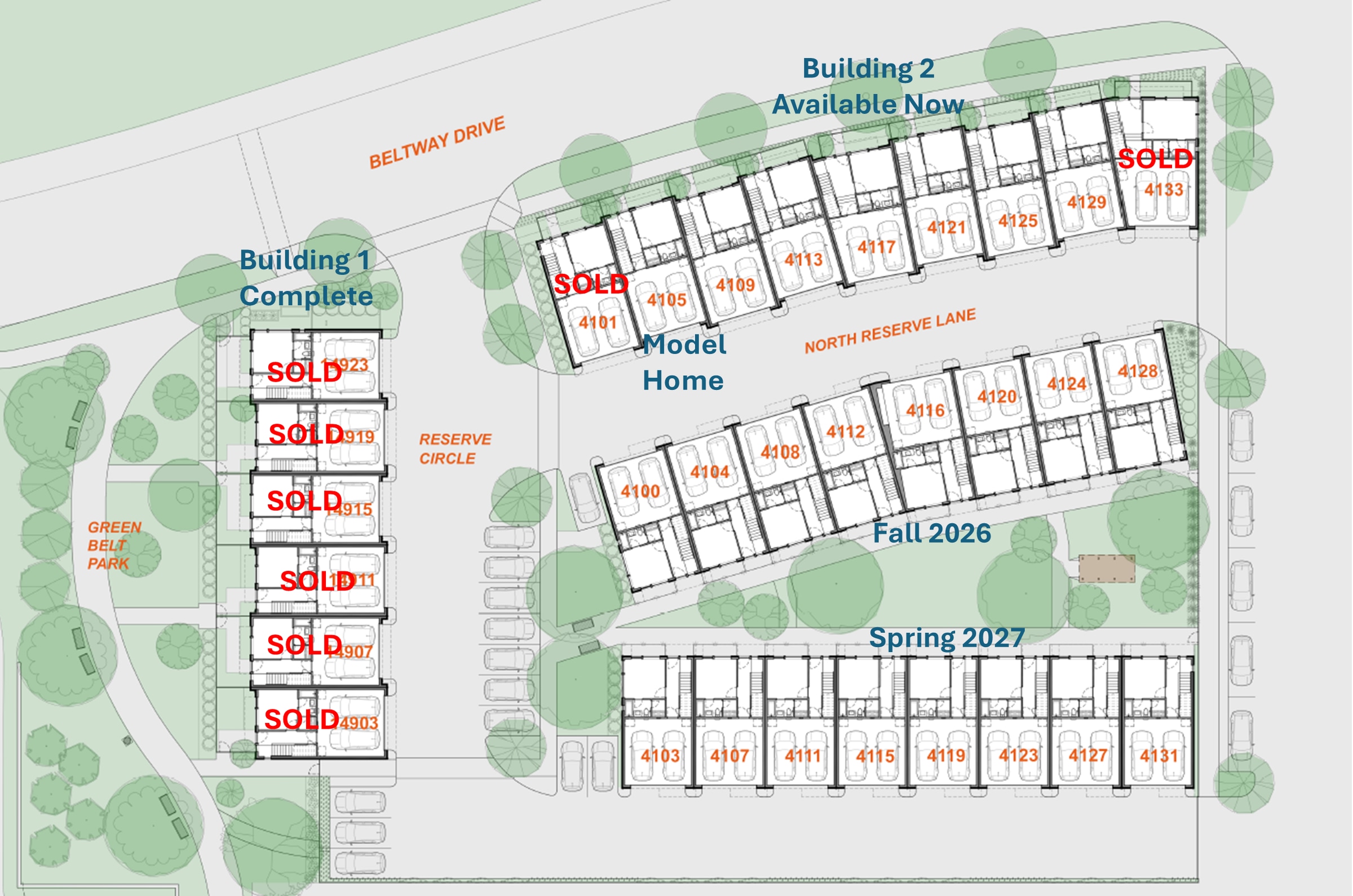 Addison Reserve site plan showing sold homes, the model home, and building completion dates