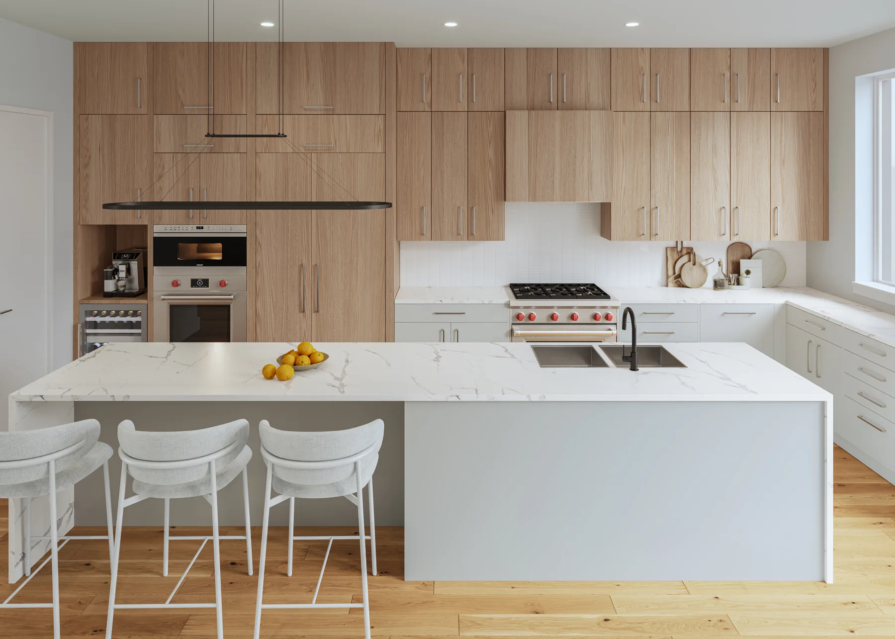 Oakborn Court kitchen rendering with custom cabinetry and a waterfall-edge island