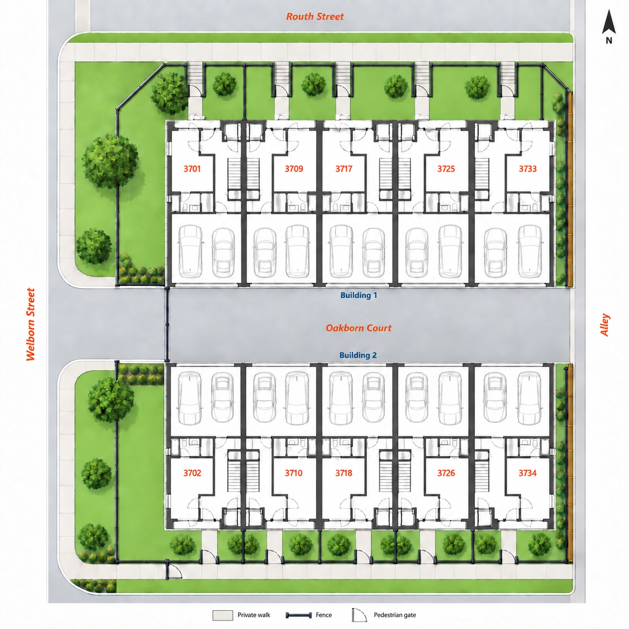 Oakborn Court site plan showing all ten homes, private walks, fenced yards, pedestrian gates, and the shared driveway